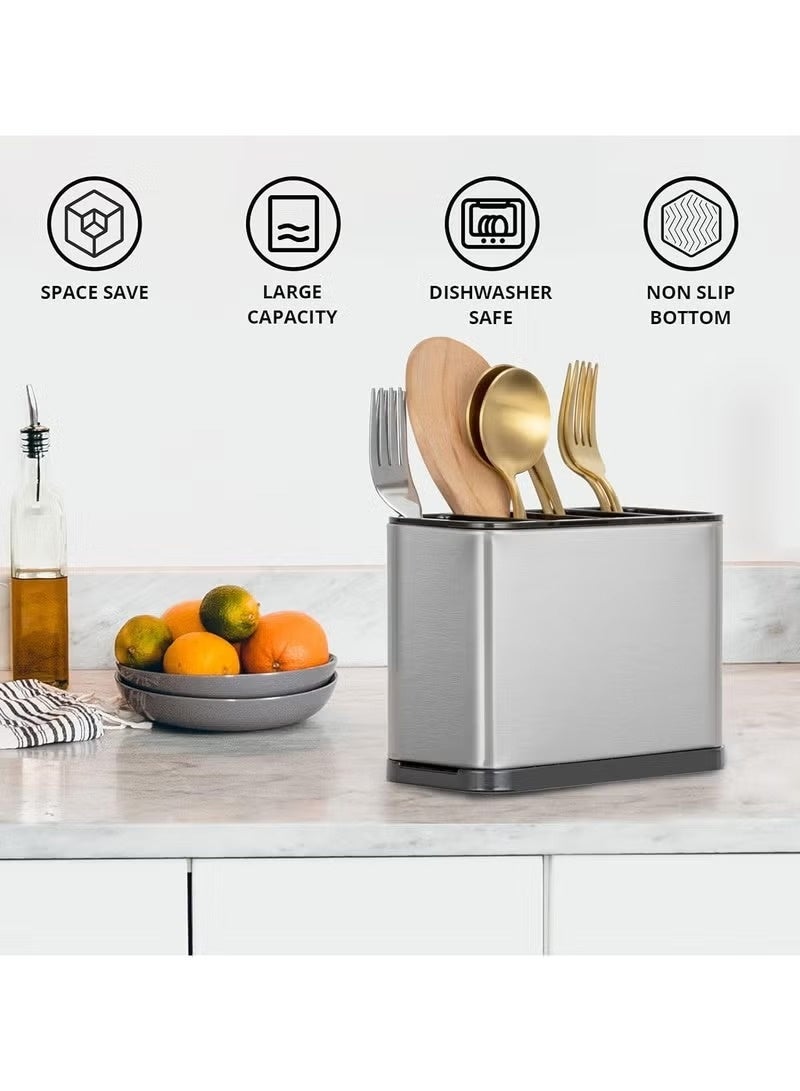 ترينفي حامل أدوات طهي كبير من الفولاذ المقاوم للصدأ بأربعة أقسام، مقاوم للصدأ، مزود بقاعدة مانعة للانزلاق ومصفاة، منظم أدوات مائدة للملاعق والشوك وعيدان الطعام والسكاكين، سلة تخزين للمطبخ - Image 2